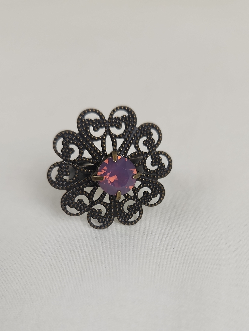 Vintage-Inspired Filigree Flower Adjustable Ring Pink Purple Swarovski Crystal